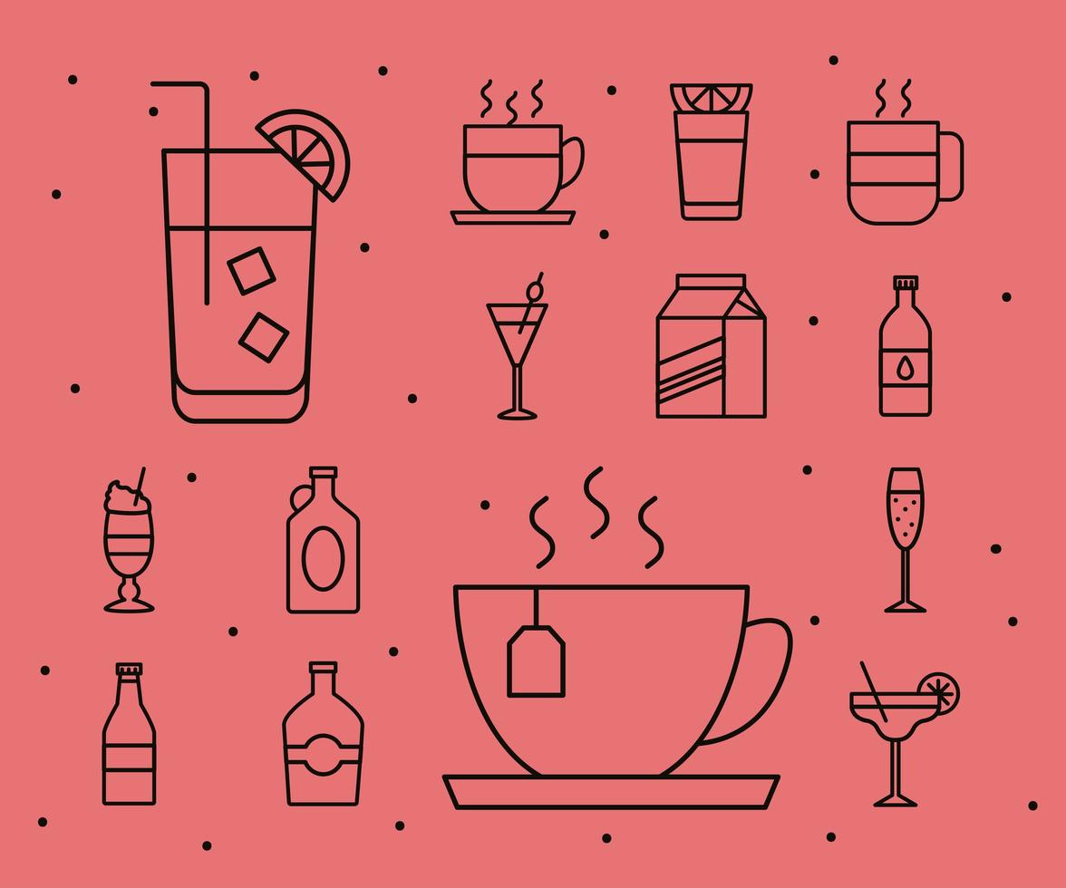 paquete de catorce iconos de bebidas vector