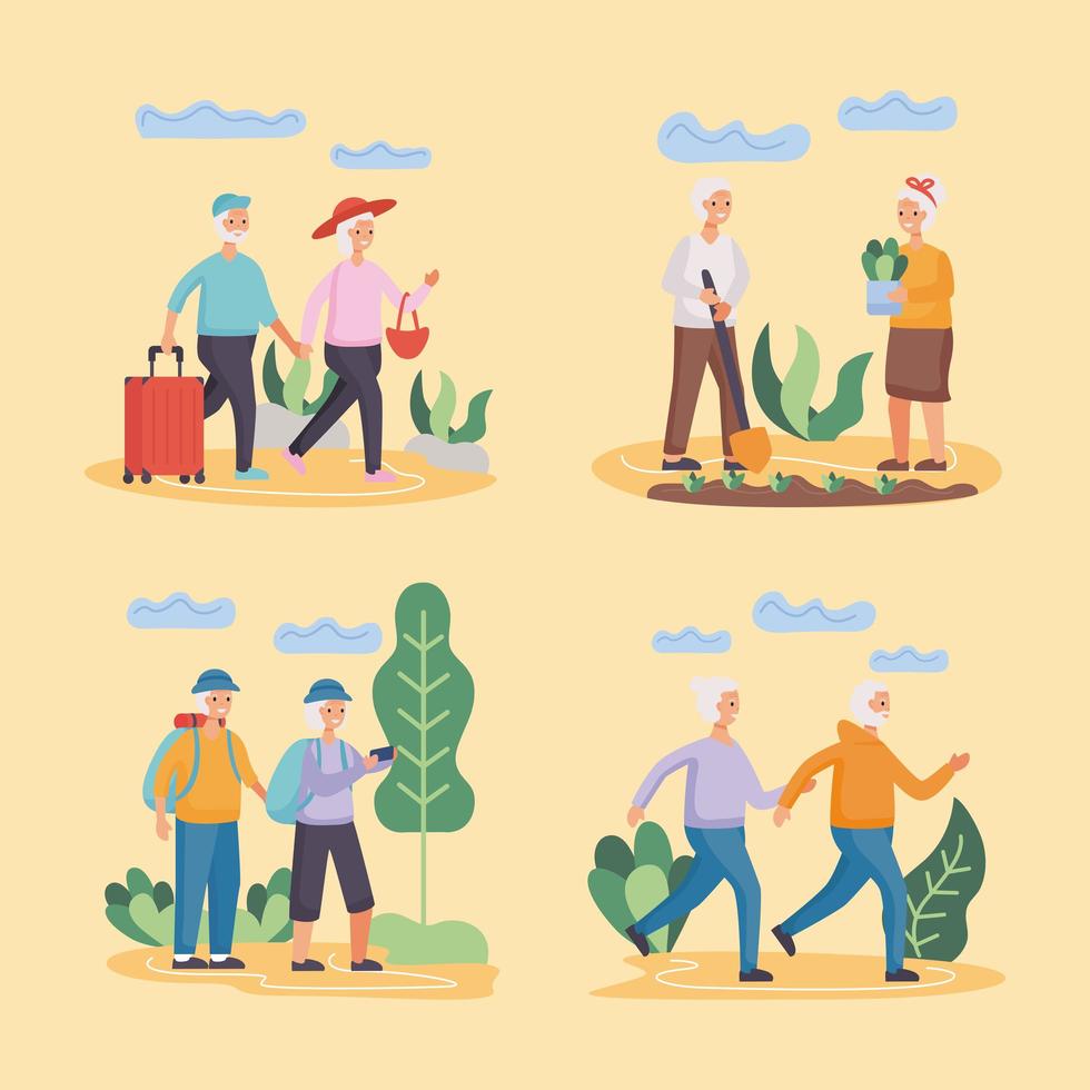 group of four active seniors couples practicing activities characters vector