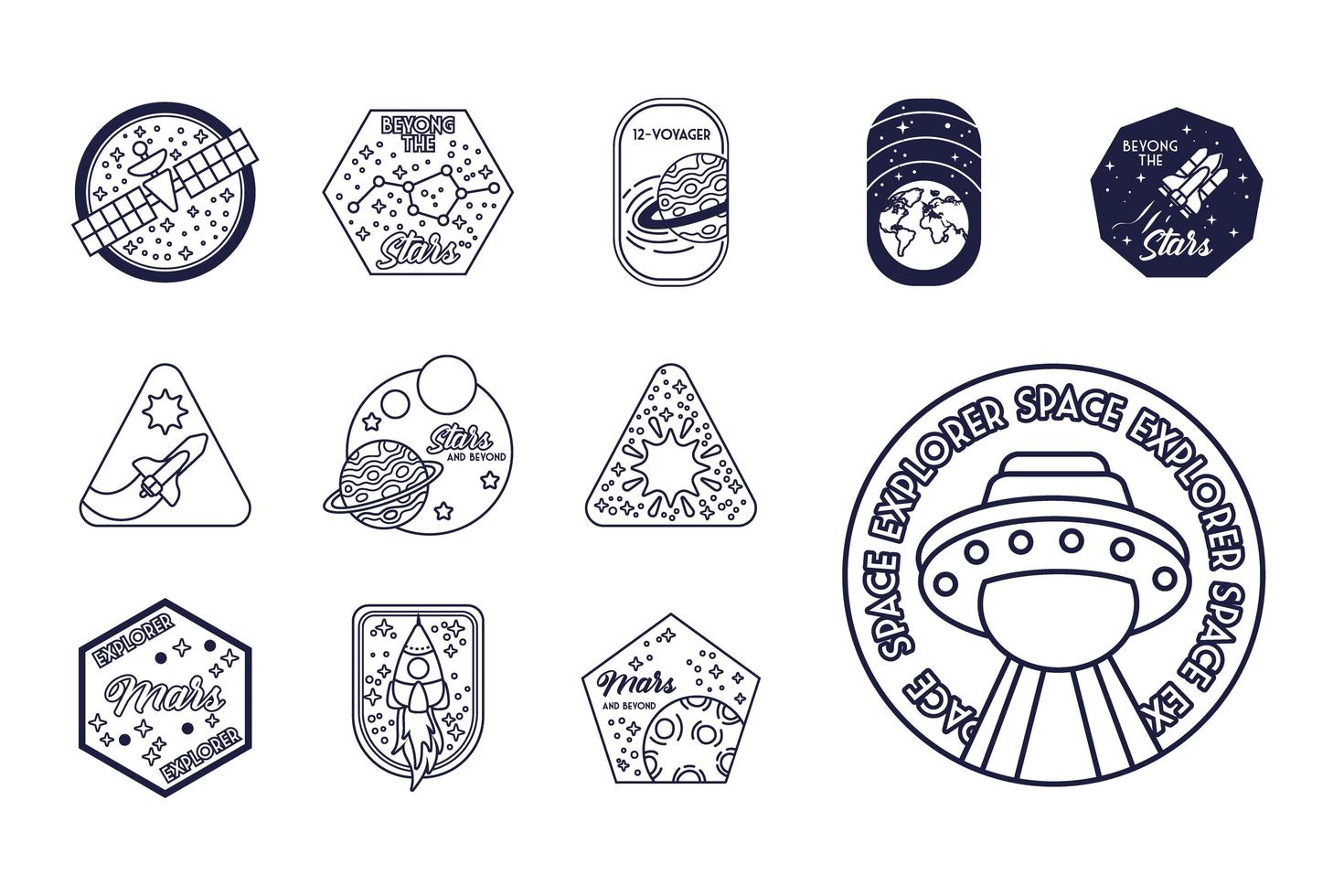 bundle of twelve space badges line style icons vector