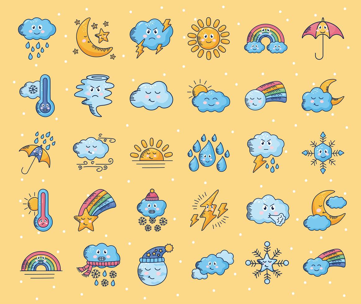 bundle of thirty kawaii weather comic characters vector