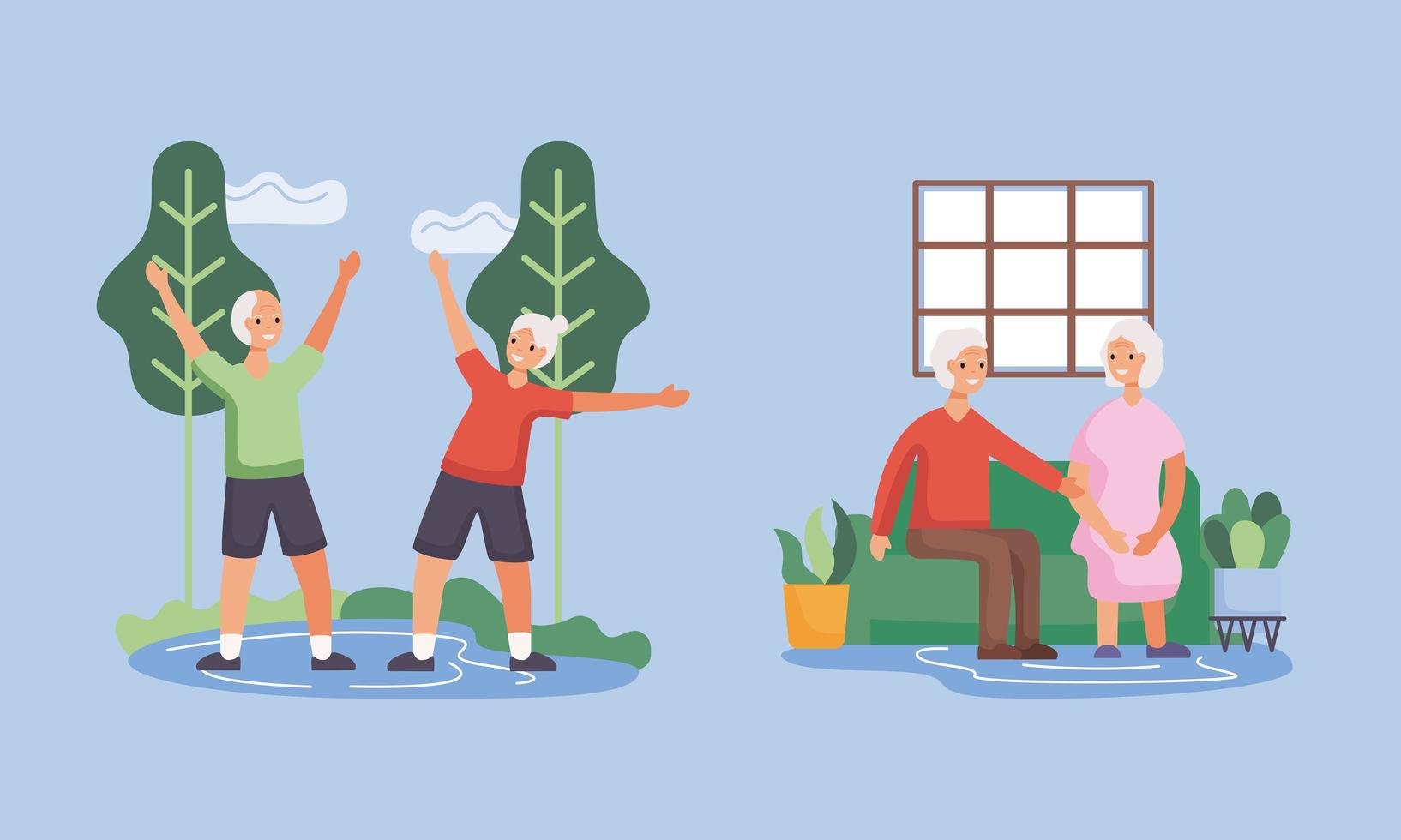 active seniors couples in the camp and livingroom characters vector