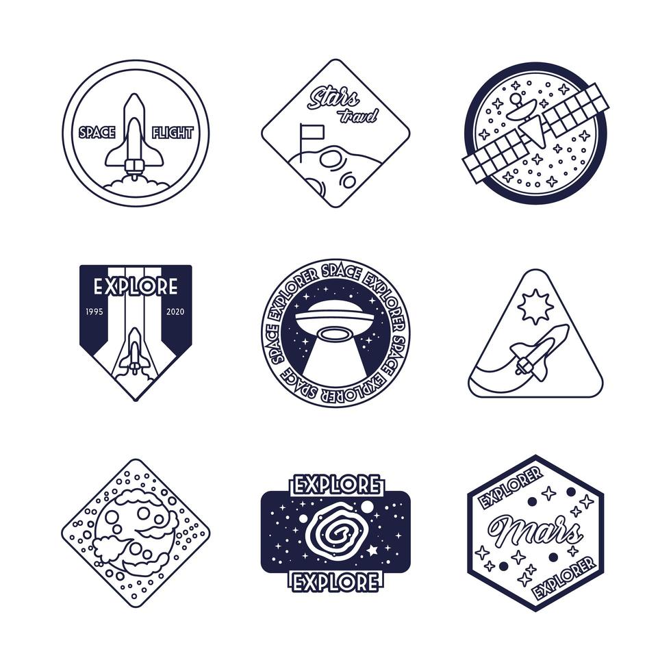 bundle of nine space badges line style icons vector