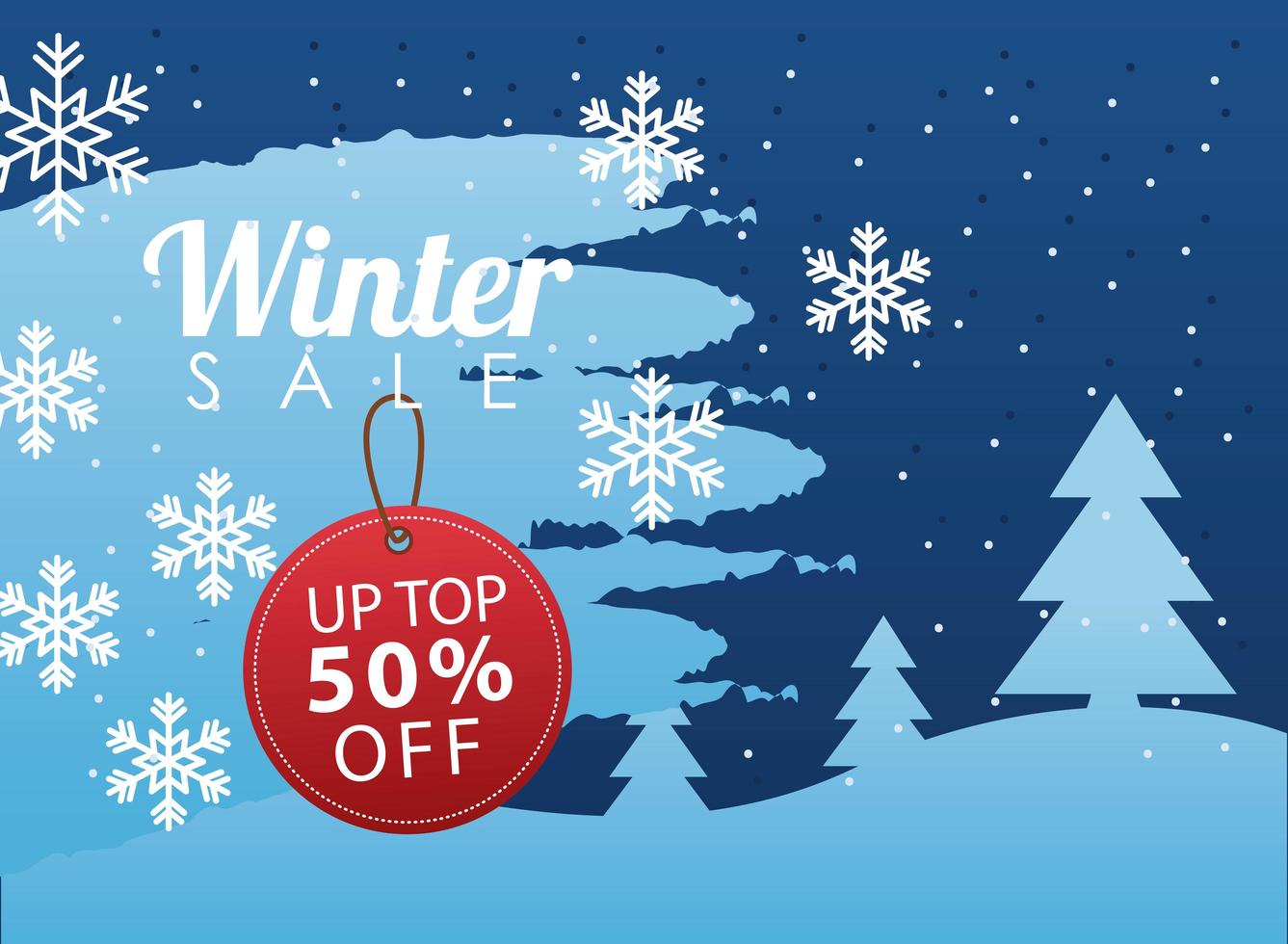 big winter sale poster with circular tag hanging in snowscape vector