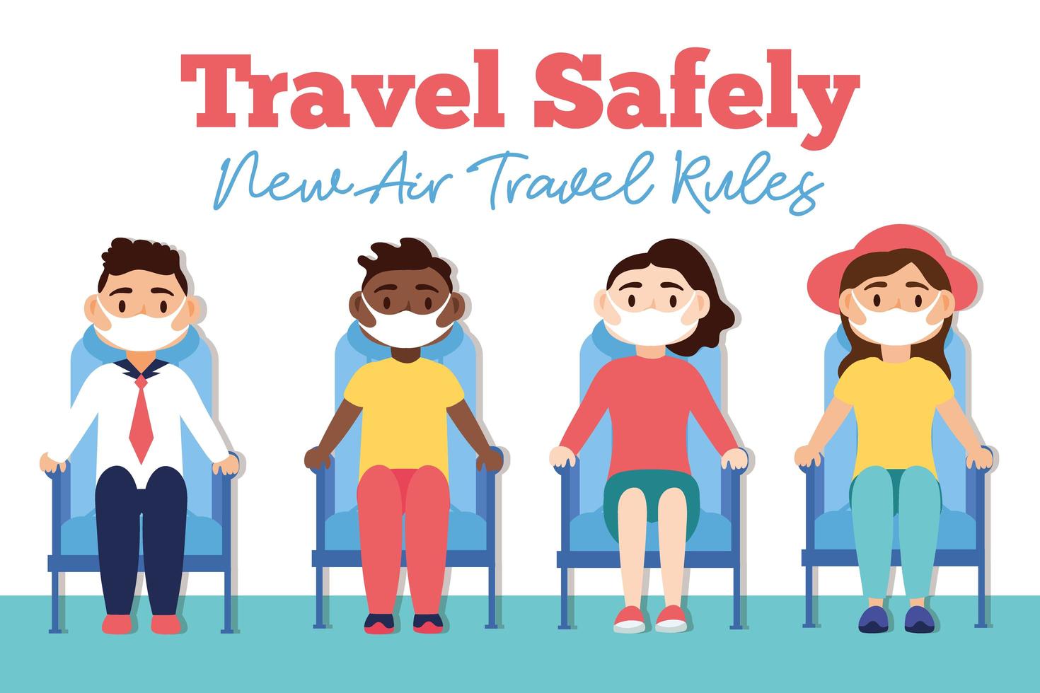 cartel de rotulación de campaña de viaje seguro con pasajeros con máscaras médicas en sillas de sala de espera vector