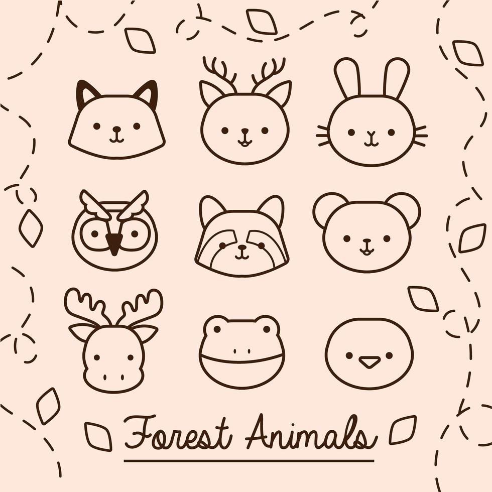 bundle of kawaii animals with leaves plant line style vector