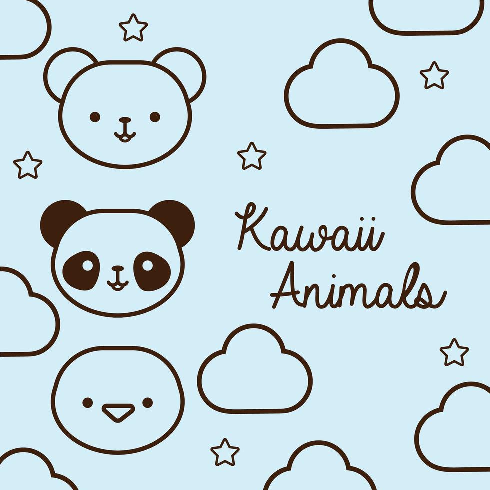 paquete de animales kawaii con estilo de línea de nubes y estrellas vector