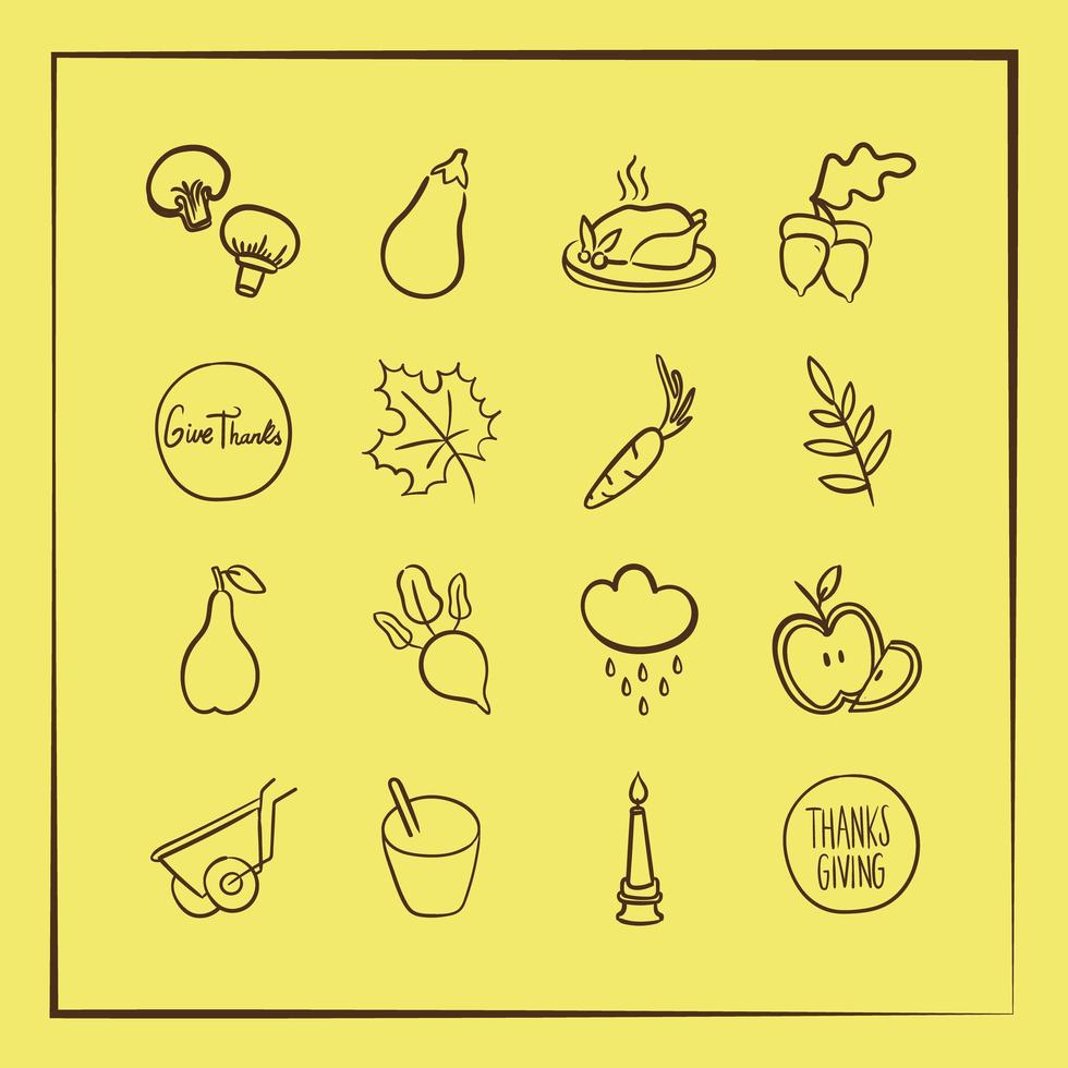 bundle of sixteen thanksgiving icons in yellow background vector