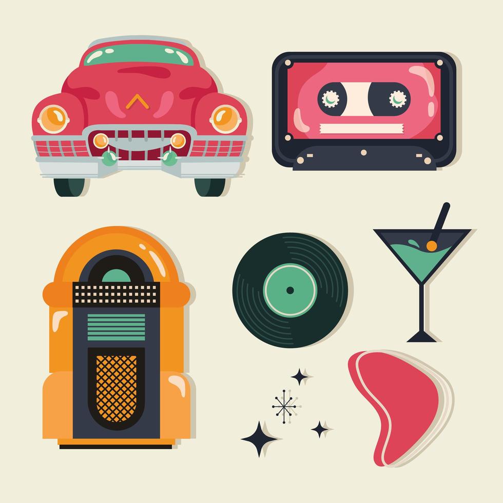 poster retro style icon set vector