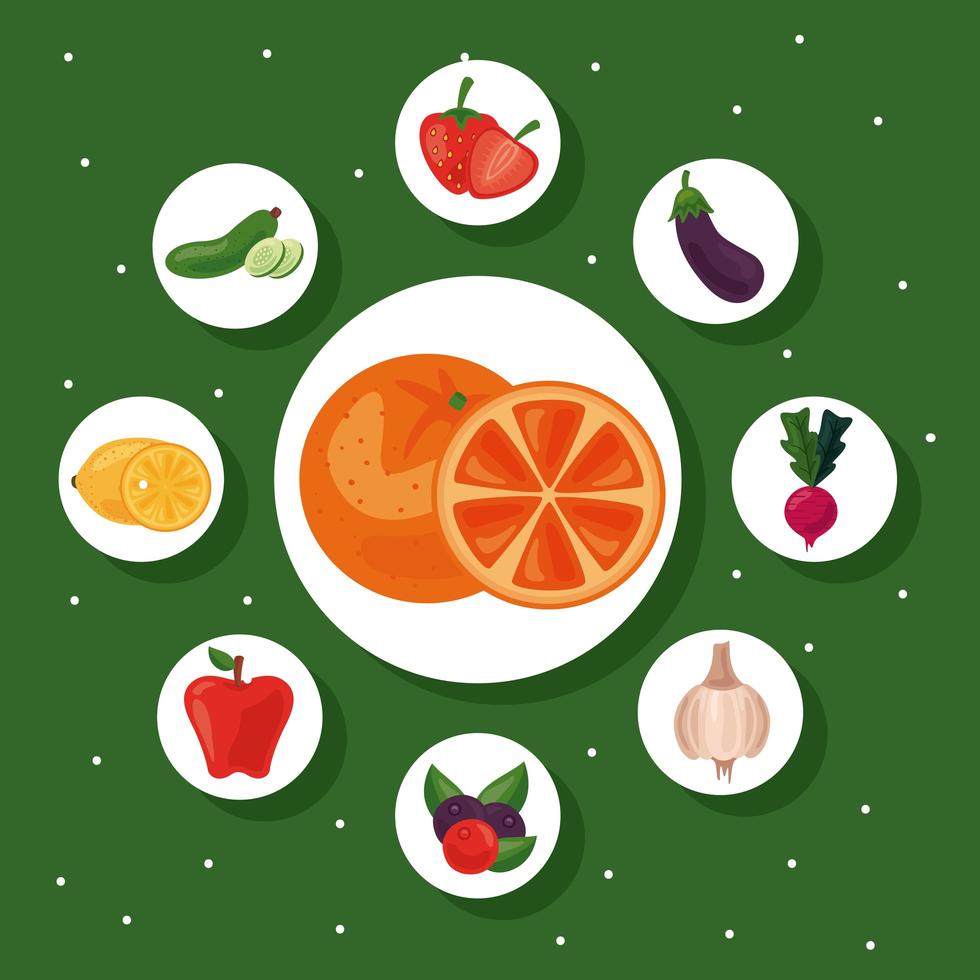 paquete de nueve frutas y verduras frescas, iconos de alimentos saludables vector