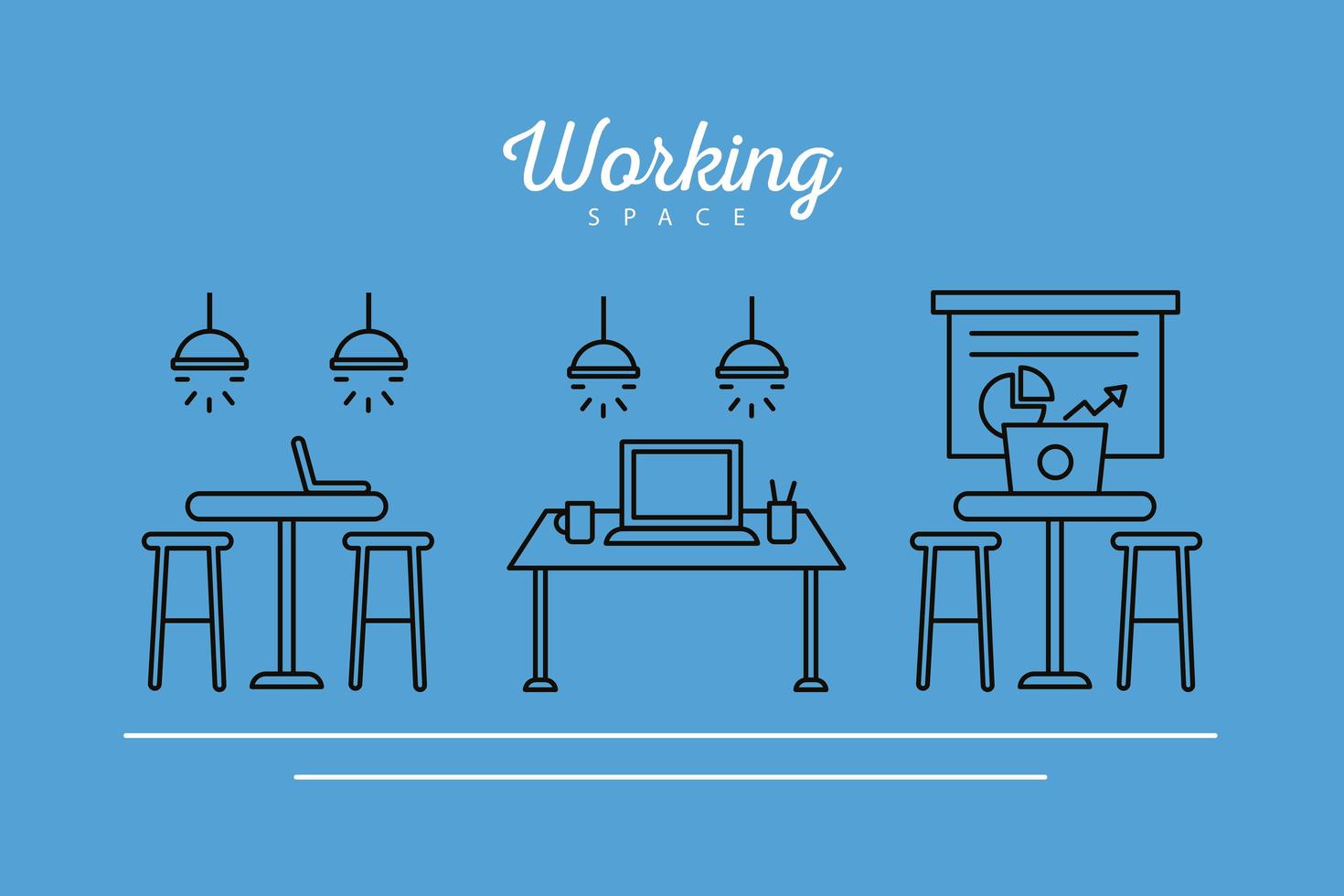 bundle of work places, coworking line style icons vector