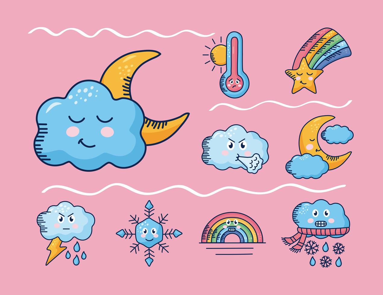 bundle of nine kawaii weather comic characters background vector