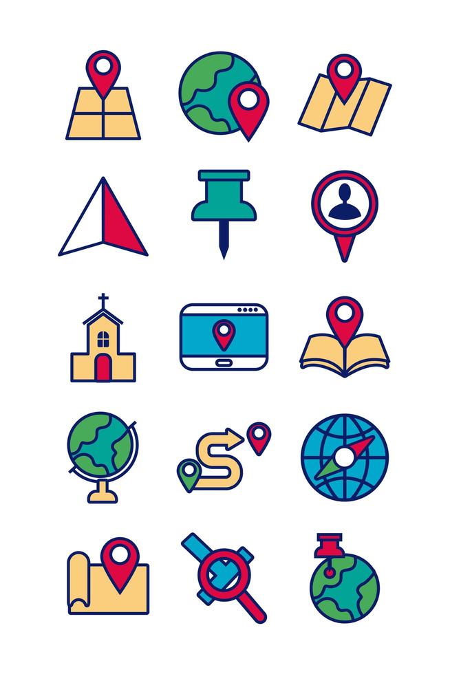 Map and location line and fill icon set vector