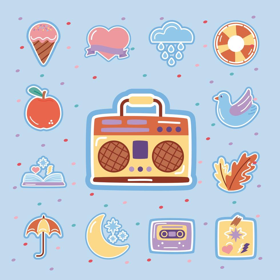 retro radio with set stickers flat style icons vector
