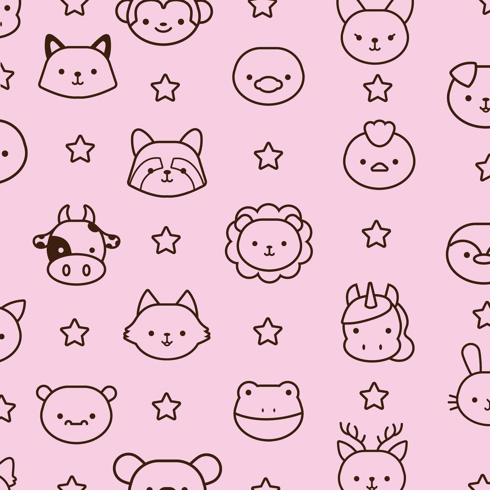 paquete de animales kawaii con estilo de línea de estrellas vector