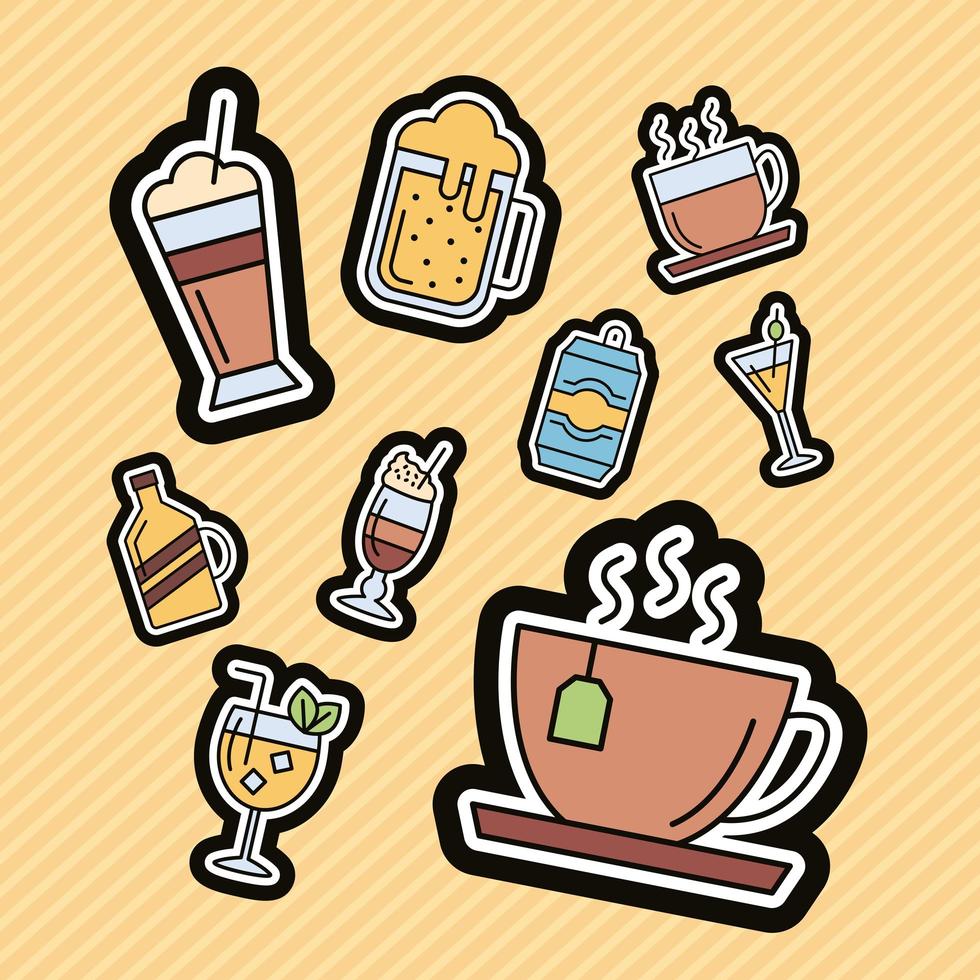 bundle of nine beverages stickers icons vector