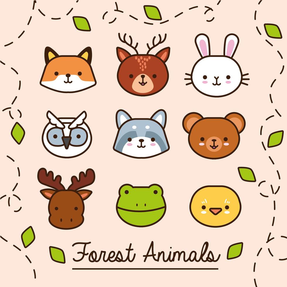 paquete de animales kawaii con líneas de plantas de hojas y estilo de relleno vector