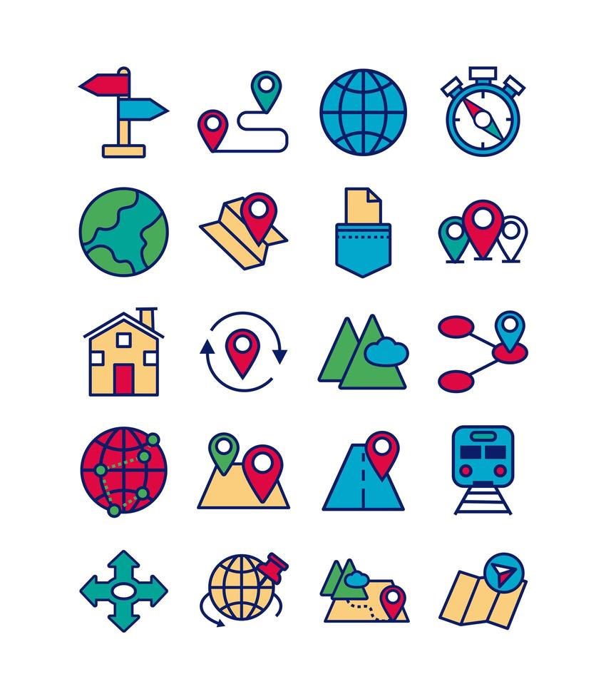 Map and location line and fill icon set vector