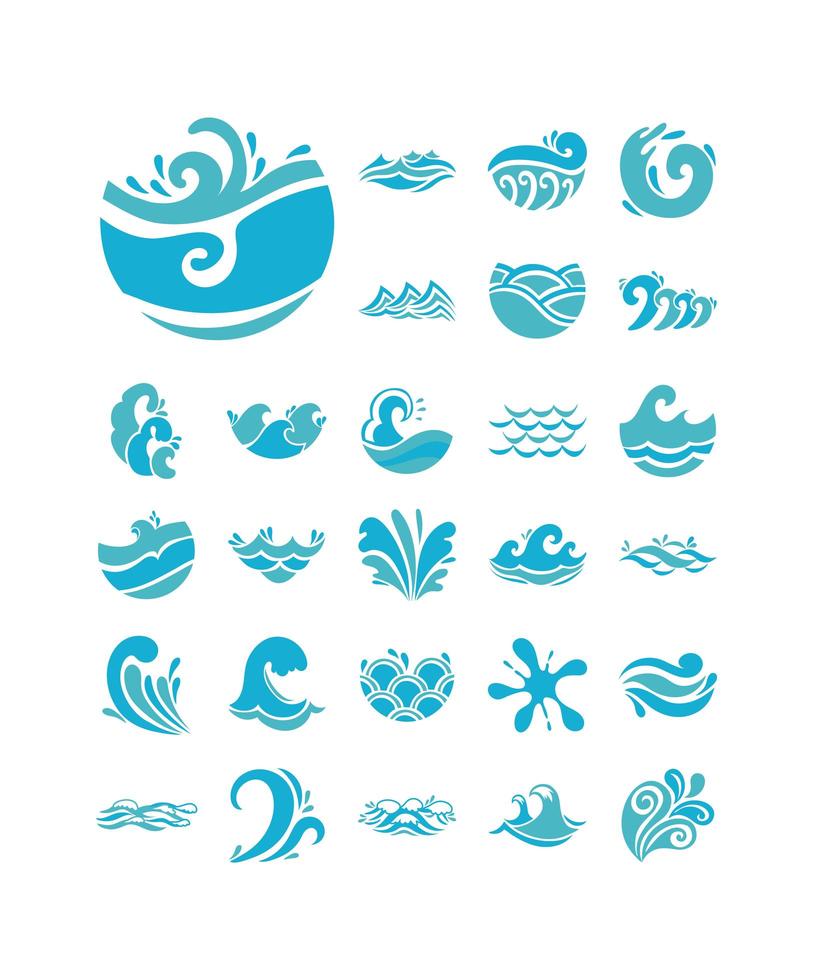 Waves and water icon set vector