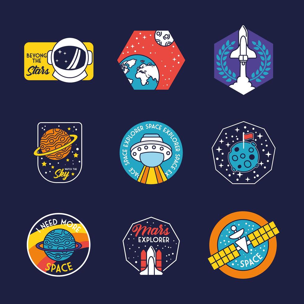 paquete de nueve insignias espaciales en línea de fondo azul e iconos de estilo de relleno vector