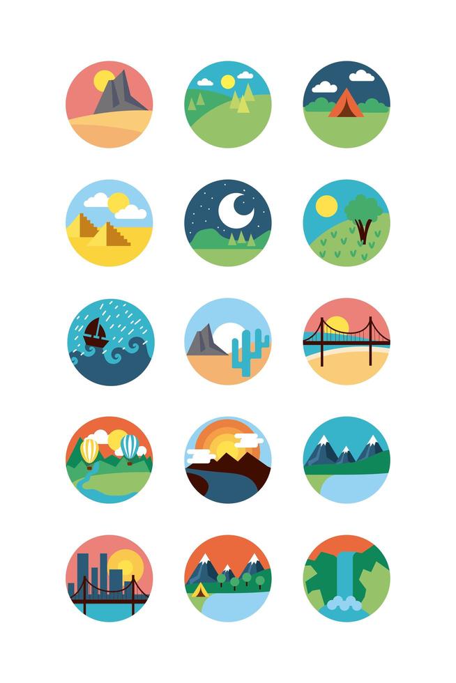 Cute landscape scenes icon set vector