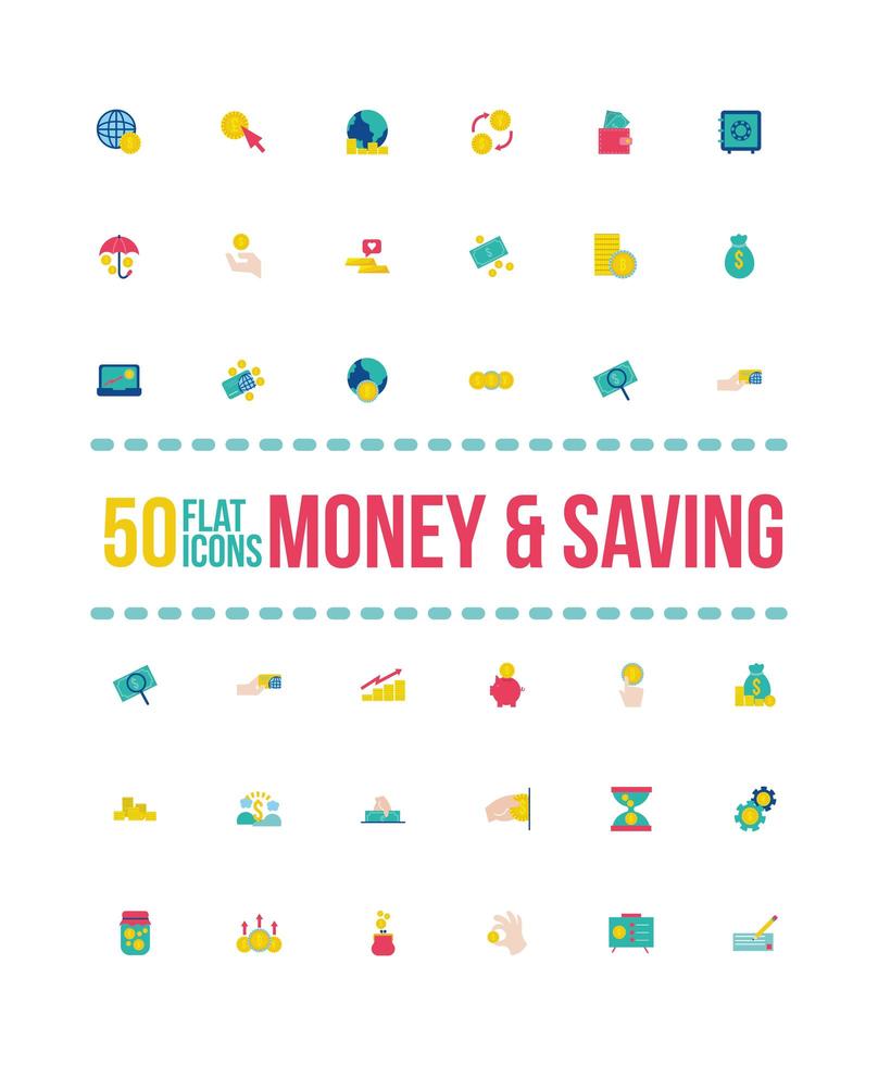 conjunto de iconos de estilo plano de dinero y ahorro vector