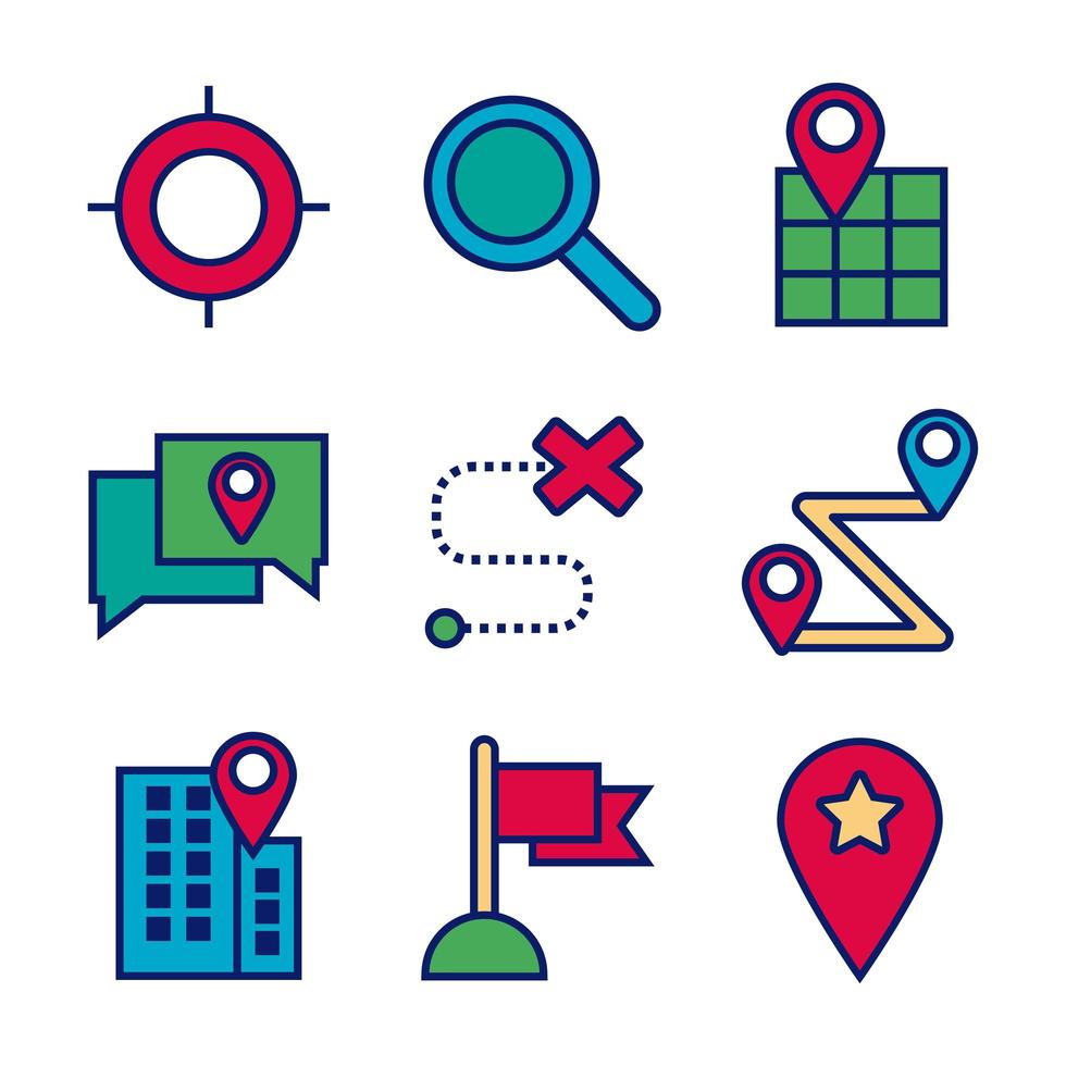 Map and location line and fill icon set vector