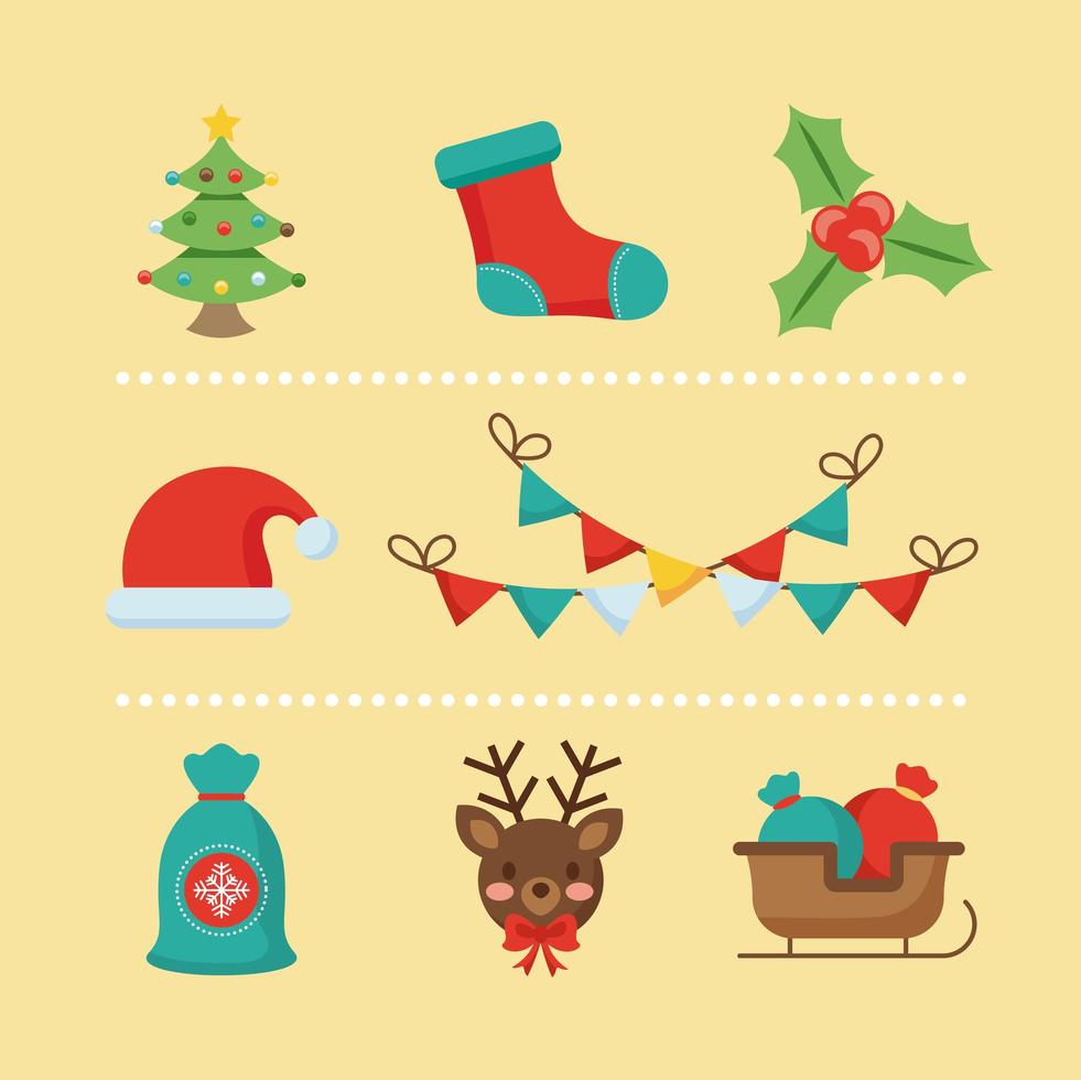 paquete de ocho iconos de estilo plano navideño vector