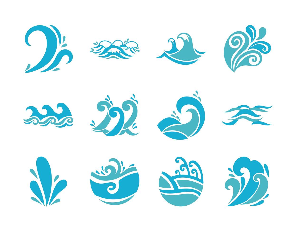 Waves and water icon set vector