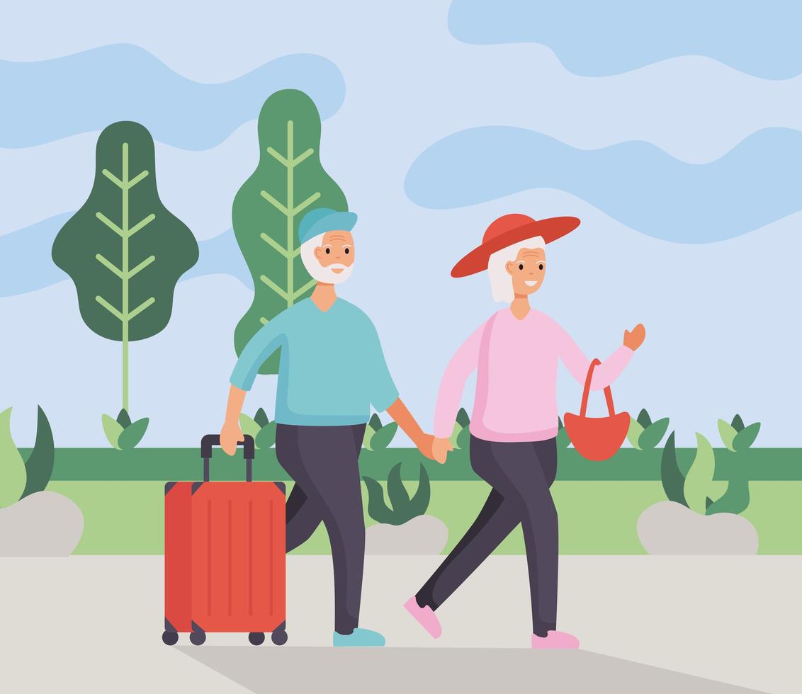 active seniors couple traveling with suitcases vector