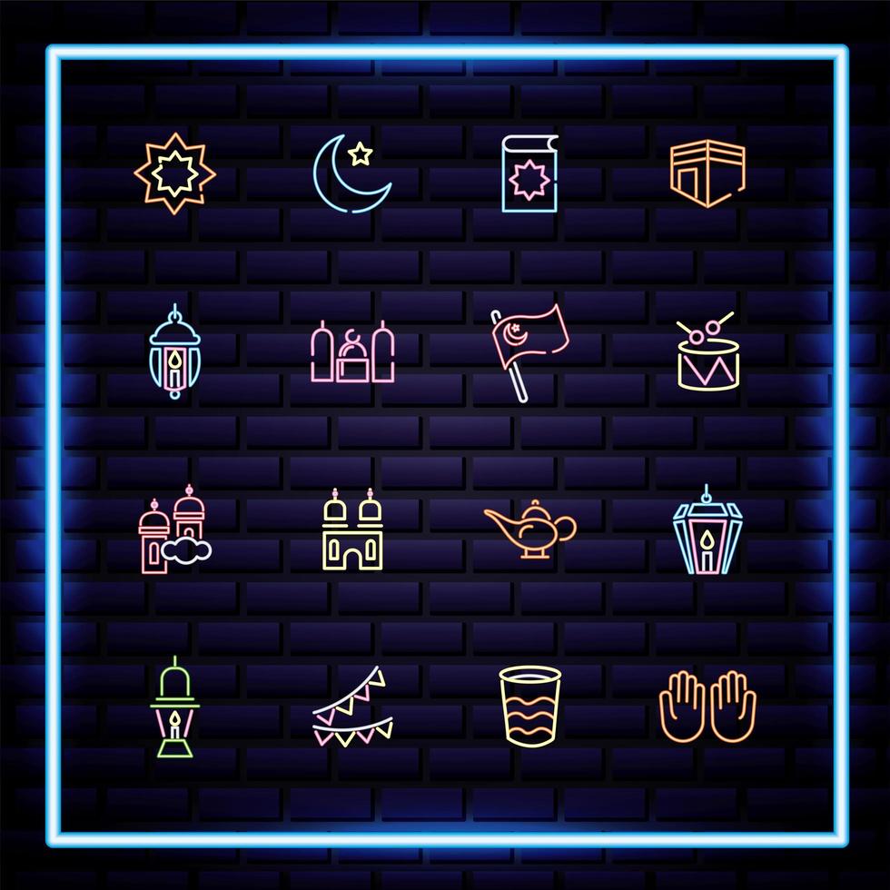 Ramadam Kareem neon light style icon set vector