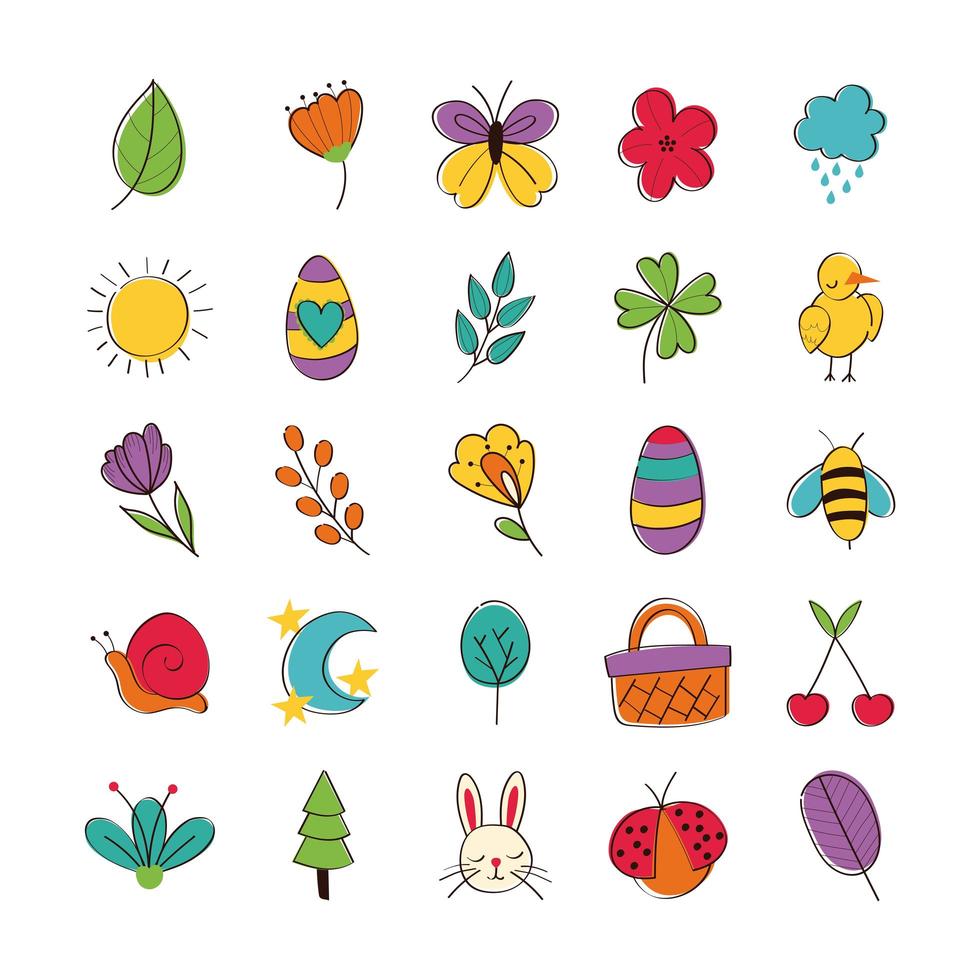 conjunto de iconos de primavera dibujados a mano vector