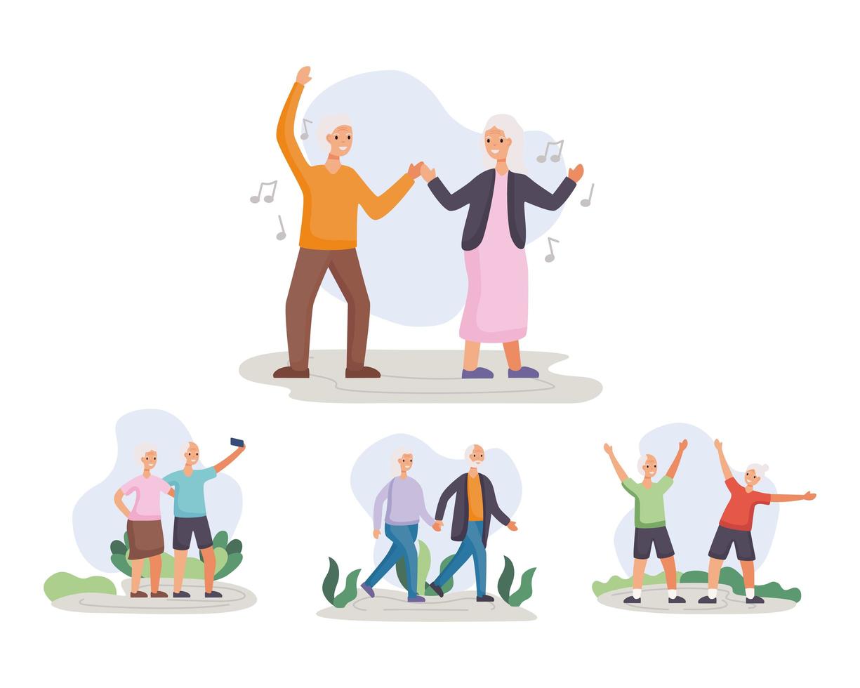 four active seniors couples practicing activities characters vector