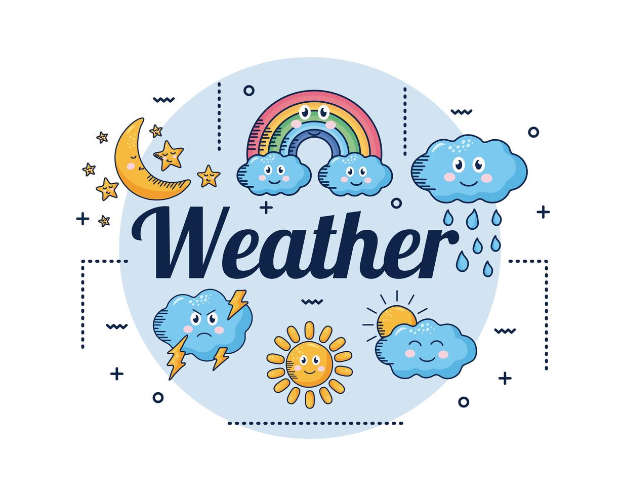 kawaii weather comic characters and lettering vector