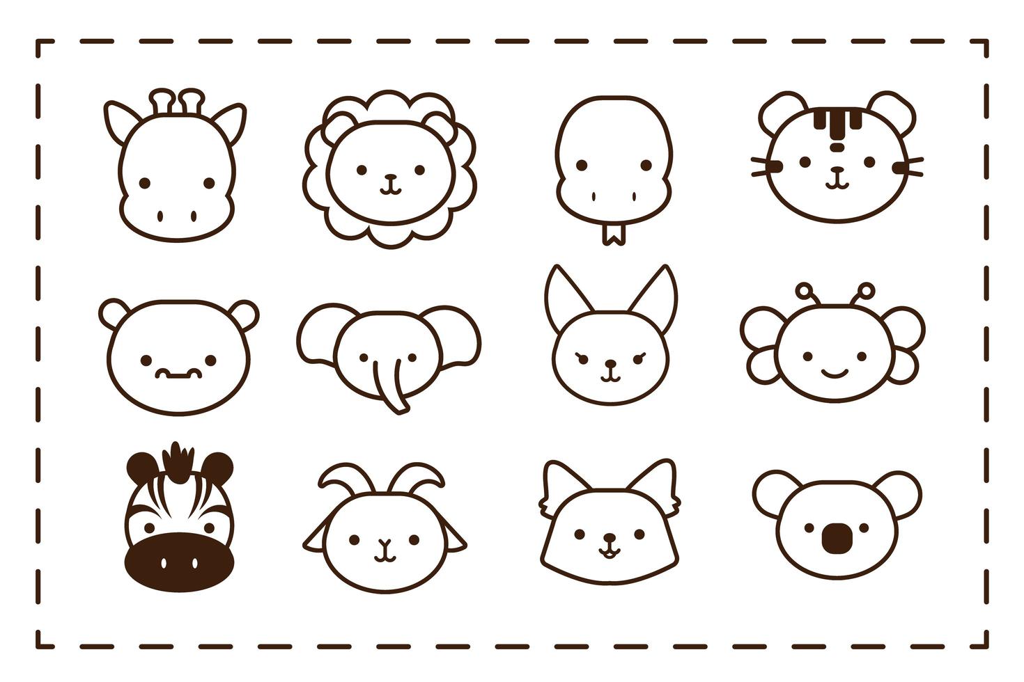 paquete de doce animales kawaii estilo de línea vector