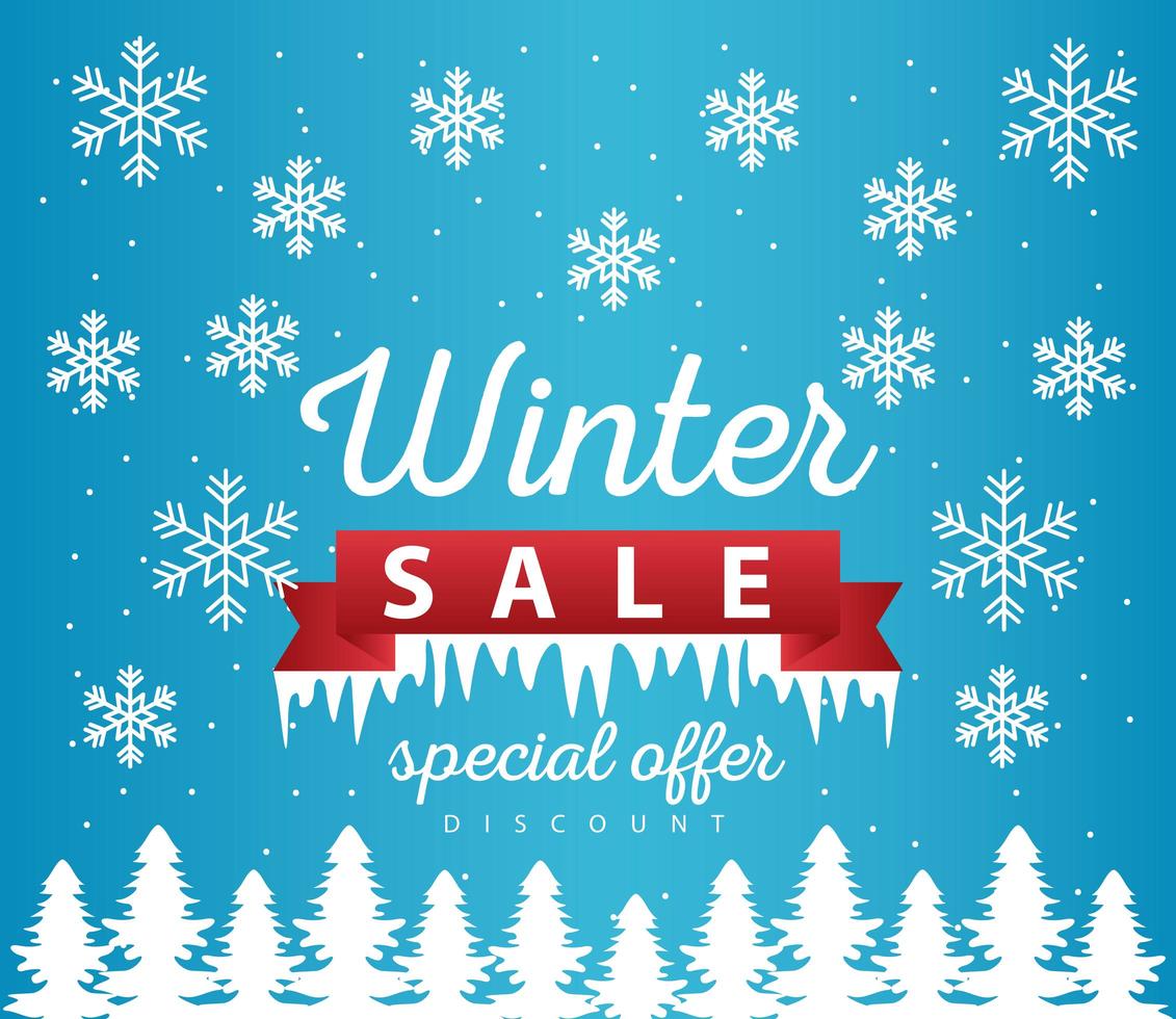 big winter sale poster with ribbon frame in snowscape scene vector