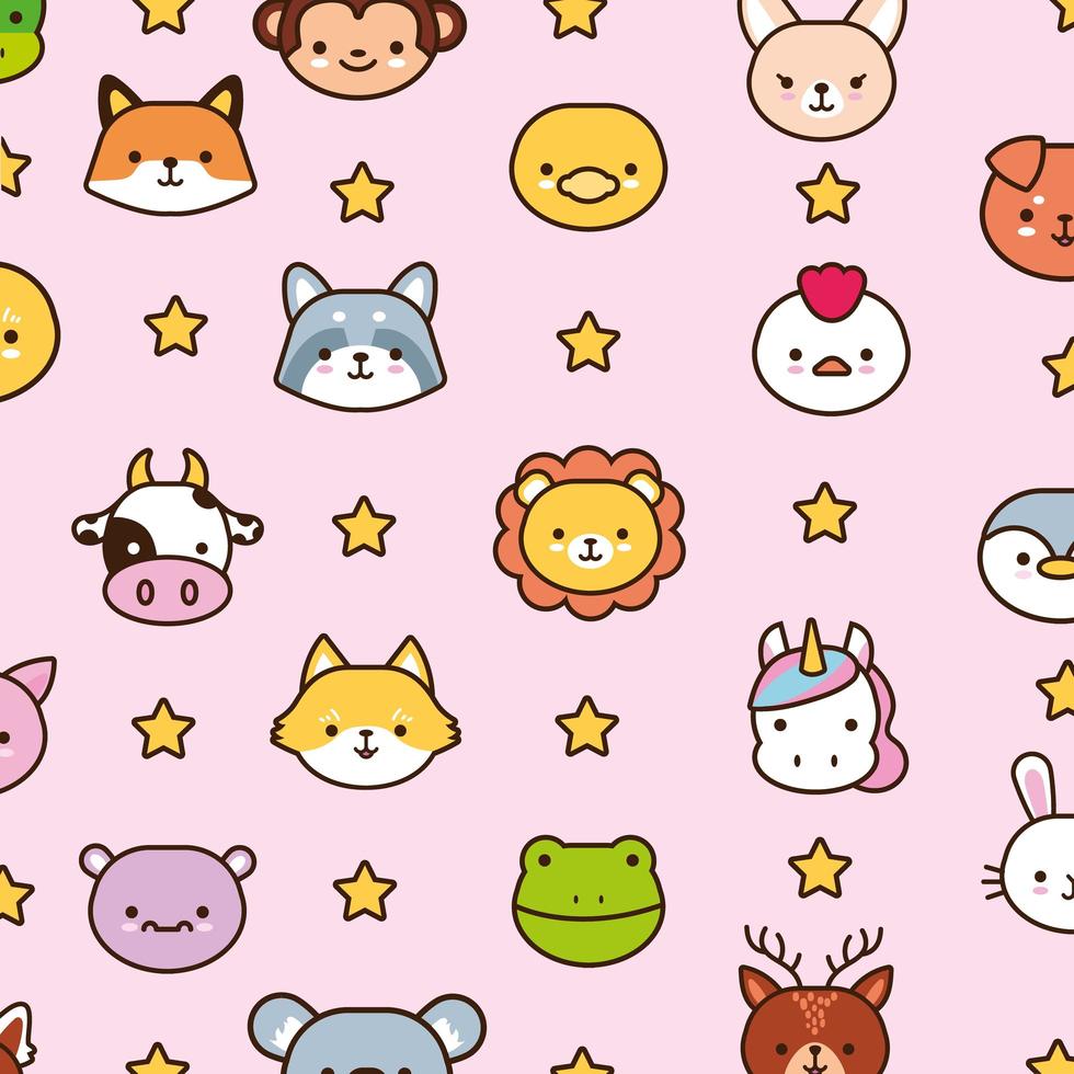 bundle of kawaii animals with stars line and fill style vector