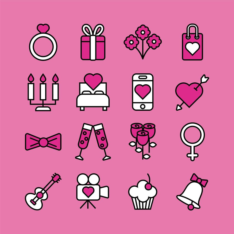 Valentine's Day line and fill icon set vector