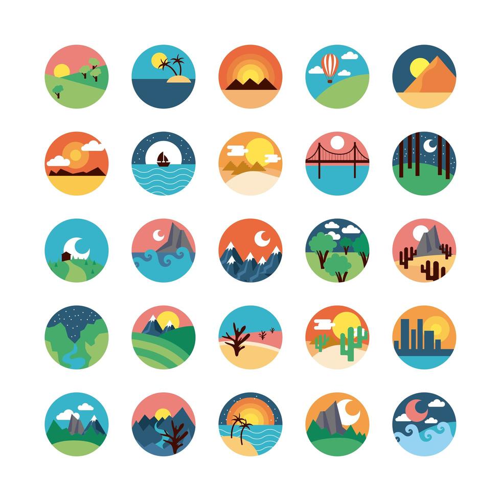 conjunto de iconos de escenas de paisaje lindo vector