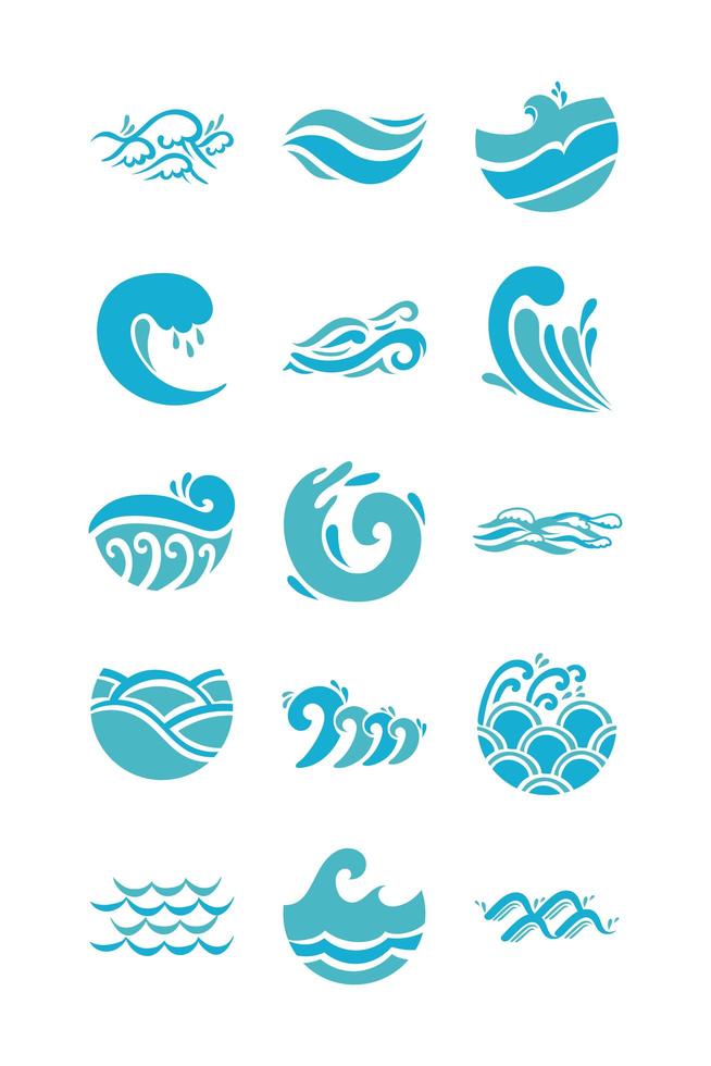 Waves and water icon set vector