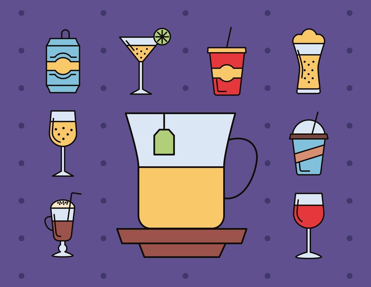 paquete de nueve iconos de bebidas vector