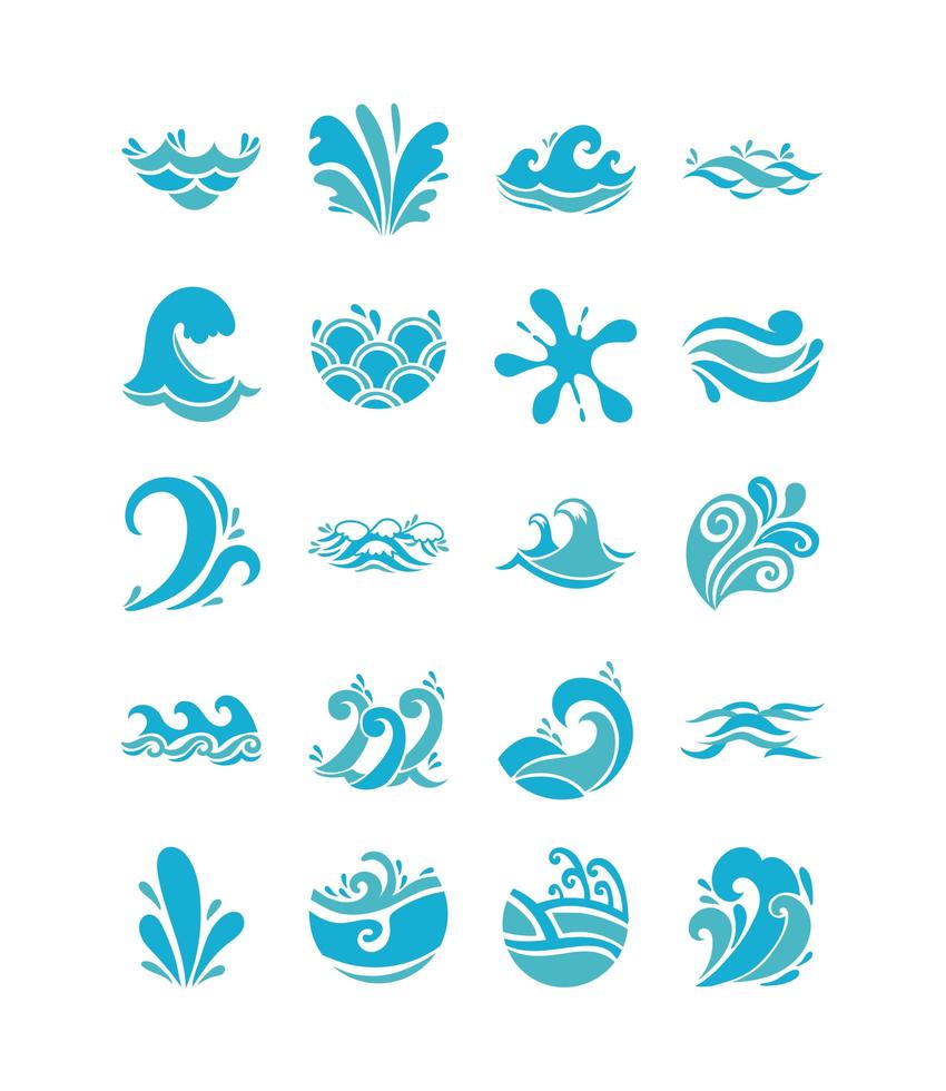 Waves and water icon set vector