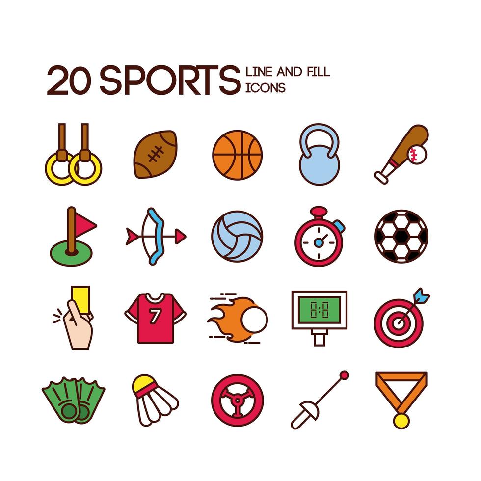 Sports line and fill icon set vector