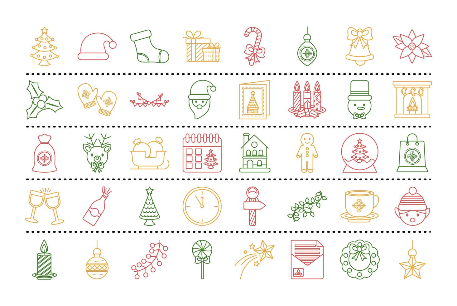 paquete de cuarenta iconos de estilo de línea de feliz navidad vector