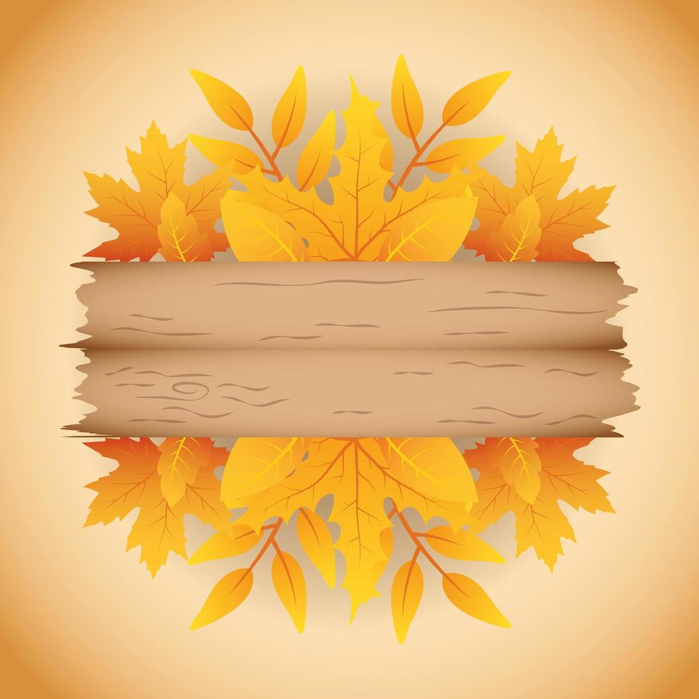 Autumn banner with foliage and wooden label vector