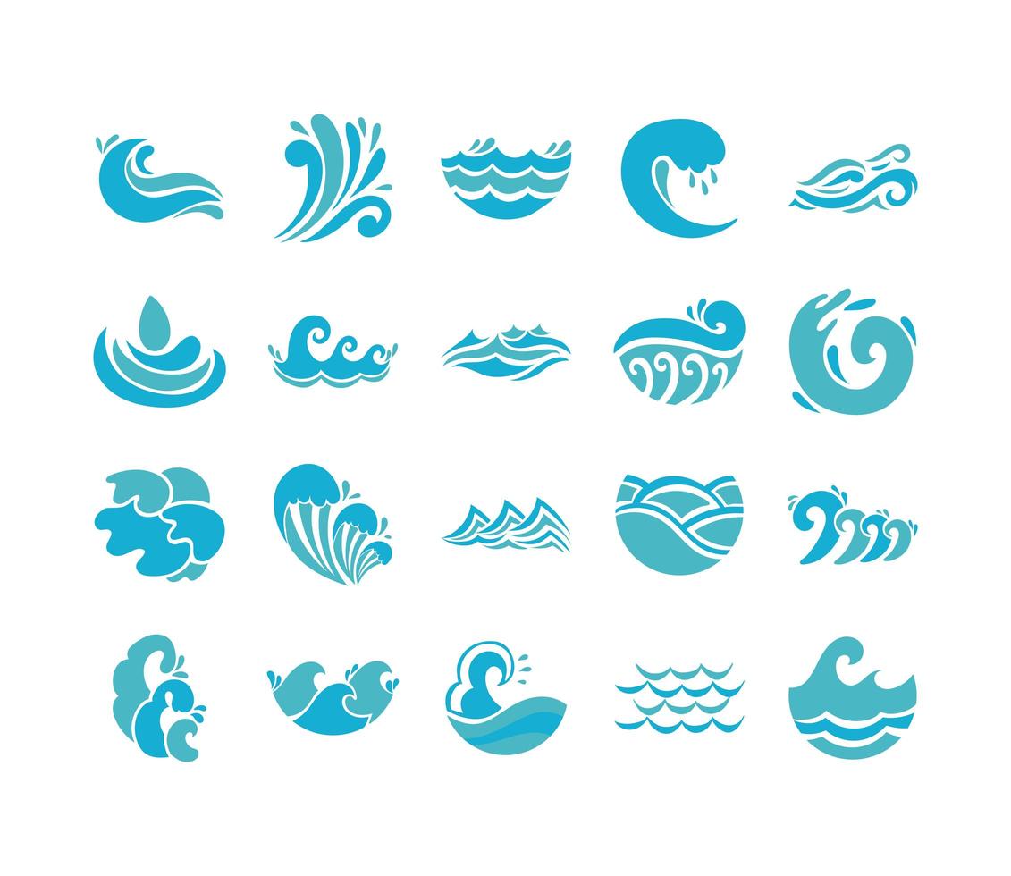 Waves and water icon set vector