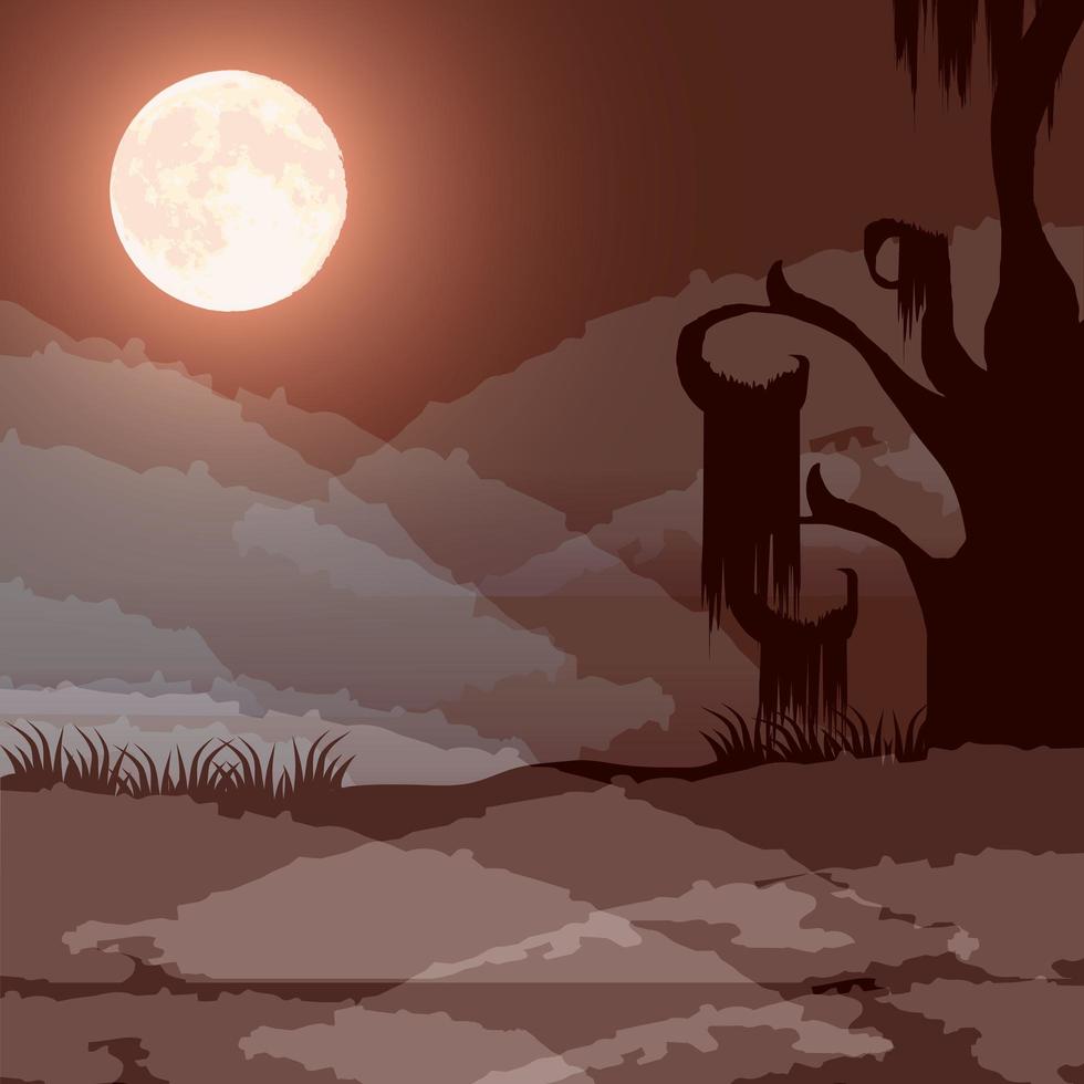 Halloween dark forest scene with full moon vector