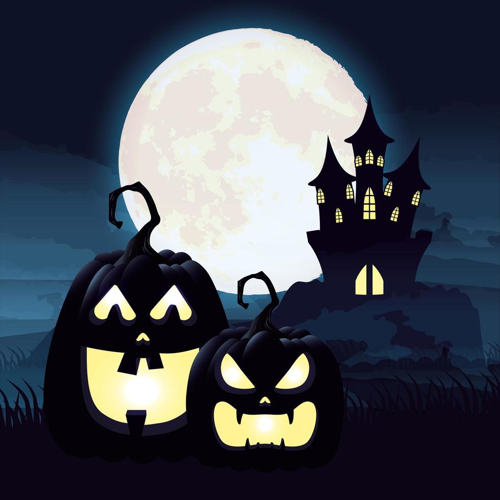 Halloween dark night scene with pumpkins and castle vector