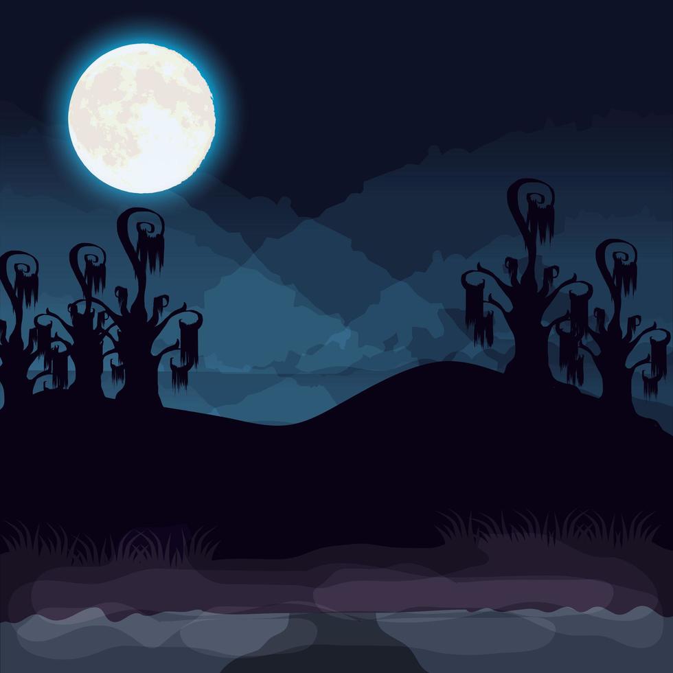 Halloween dark forest scene with full moon vector