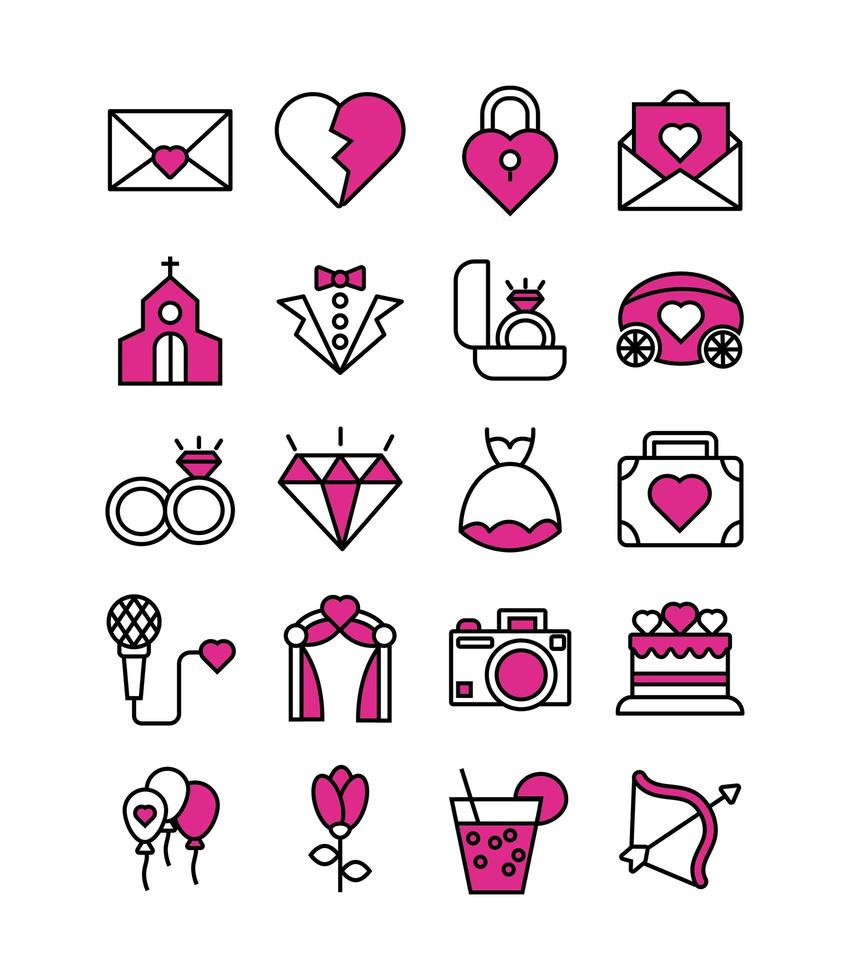 Valentine's Day line and fill icon set vector