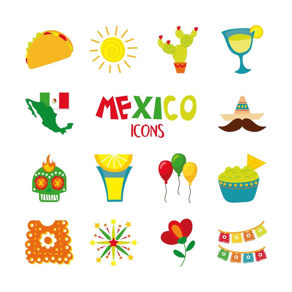 conjunto de iconos planos de cultura mexicana vector